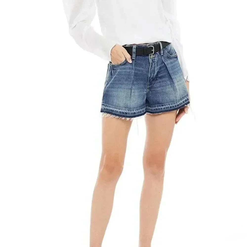 FRAME Women's 25 Release Hem Front Pleat Jean Denim Shorts Double Button Raw Hem